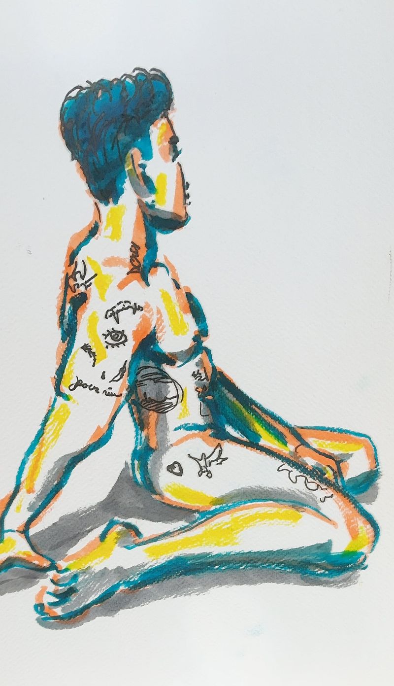 Derek in a kneeling pose, drawn with watercolor marker on toned paper.
