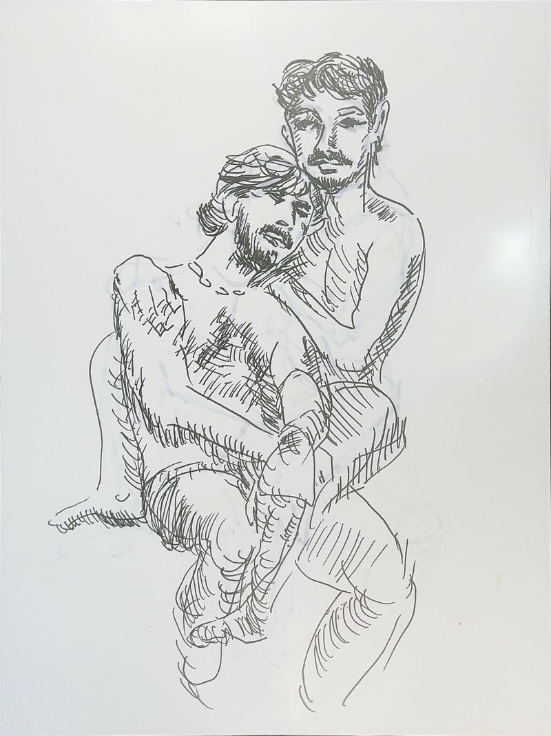 A cross-hatched fineliner drawing of Adolfo and Vinnie on bristol paper.