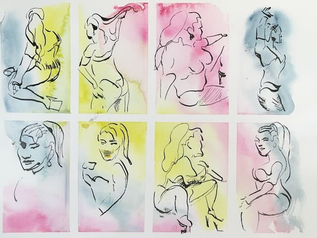 Two-minute warmup gesture drawings from the session.