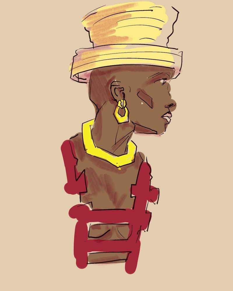 A heavypaint drawing of Shaquita in a hat, and a red elastic shirt.