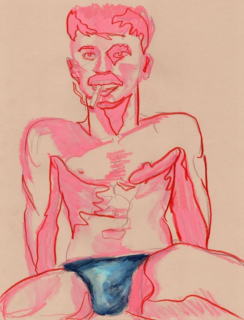 Manuel smokes a cigarette- colored pencil on toned paper