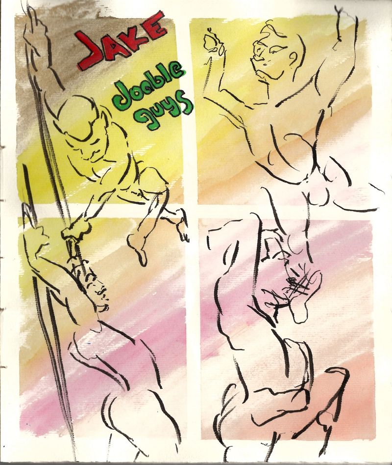 Sketchbook drawings of Jake from warmup 2 minute poses.