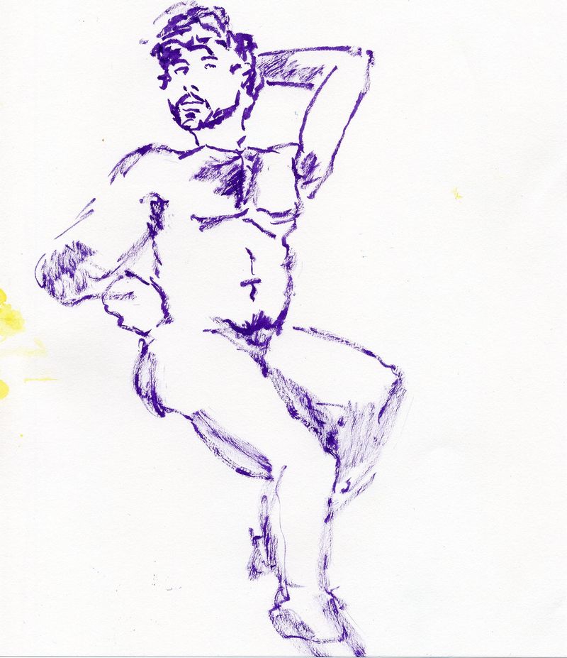 A blue dip pen ink drawing- 5 minute pose