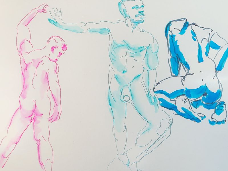 5-minute warmup gesture drawings of Nick, marker and pencil on toned paper.