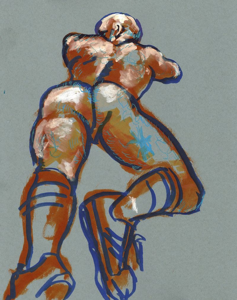Watercolor marker and white manga fluid on toned paper. 20 minute pose.