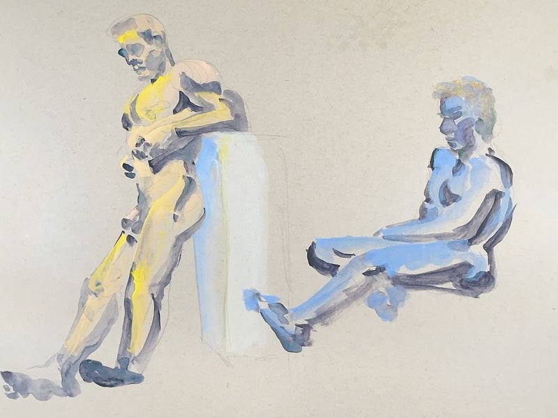 Ten-minute warmup studies of Jon in standing and seated poses using watercolor.