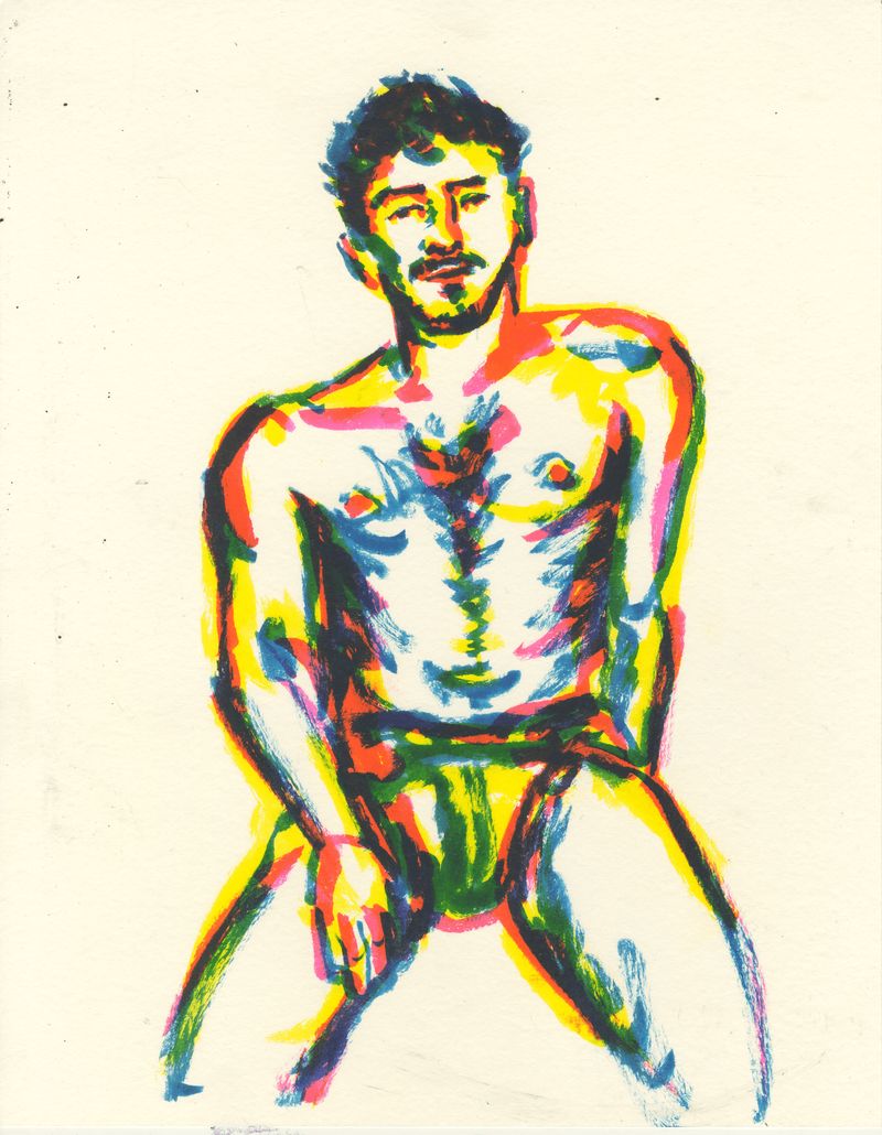 A seated watercolor marker drawing of Ian on bristol board.