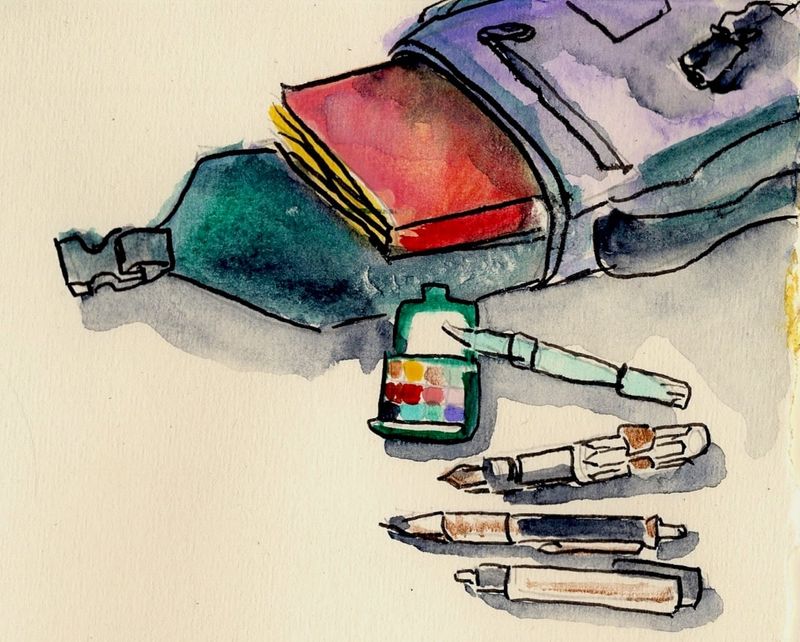 When I am traveling, I like to bring an extremely compact set of tools but I still maintain my regular sketchbook practice of drawing at least one page every day.