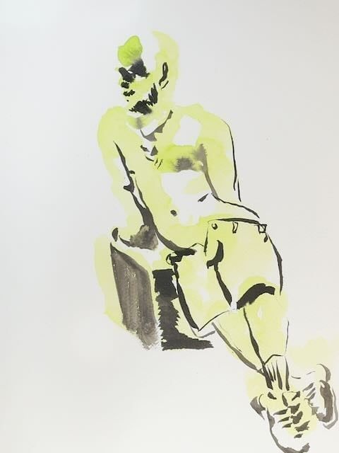 Chris leaning on a cube, drawn with watercolor and dip pen.