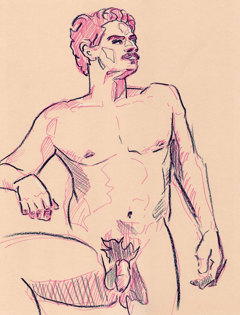 cross-hatched pencil drawing on toned paper