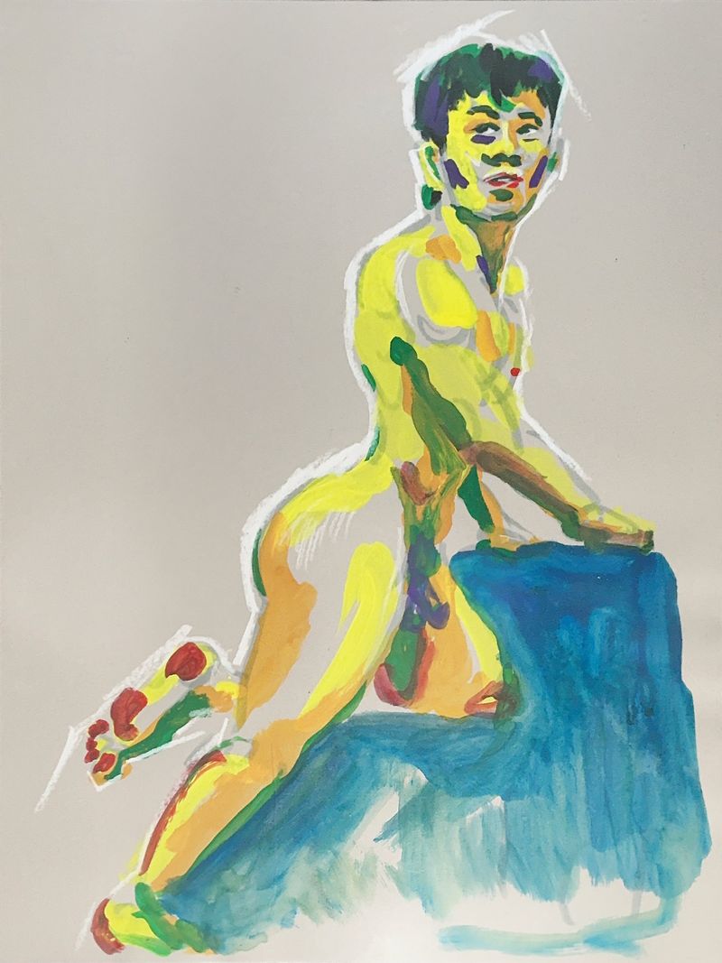 Larry kneels on one knee on a platform in this gouache painting.