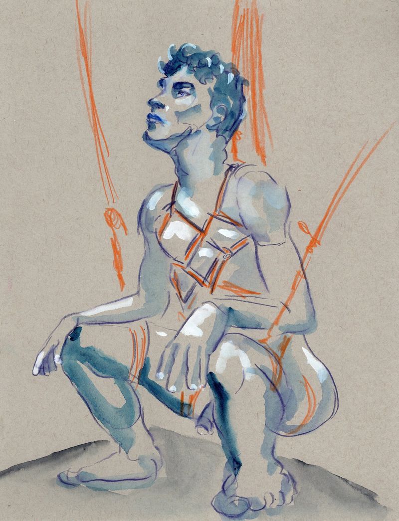 20 minute pose- rope bound model- watercolor pencil on toned paper
