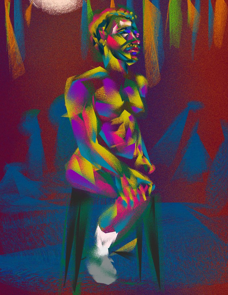 A digital HEAVYPAINT drawing of Victor seated among a crowded bar scene on iPad.