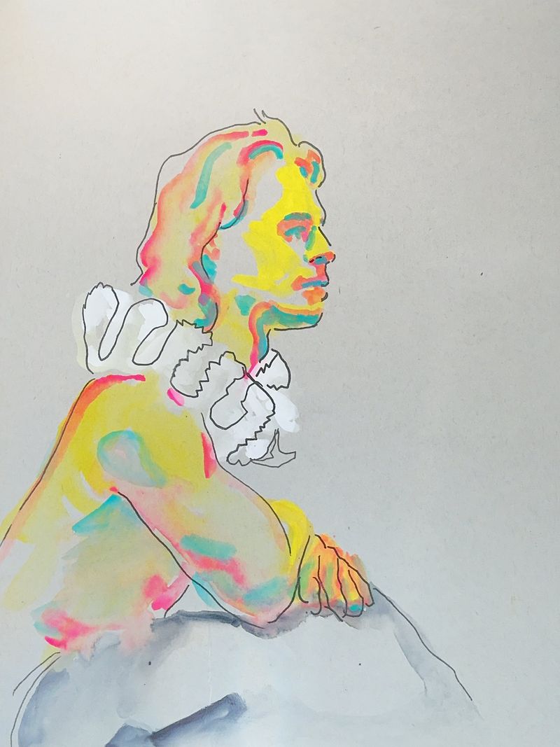 Model in a reclining pose with ruffle collar, gouache on toned paper