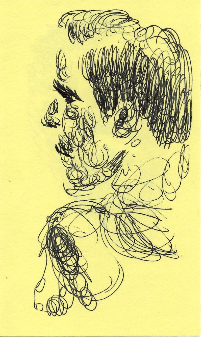 A ballpoint pen gesture of Matthew on an index card.