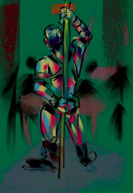 A digital HEAVYPAINT drawing of Carlos posing on a pole on iPad.