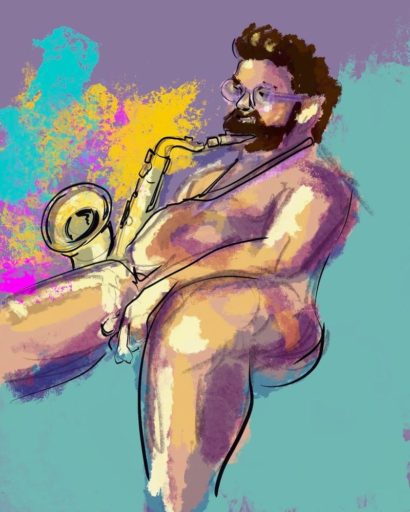 A procreate digital painting of Jake playing the saxophone