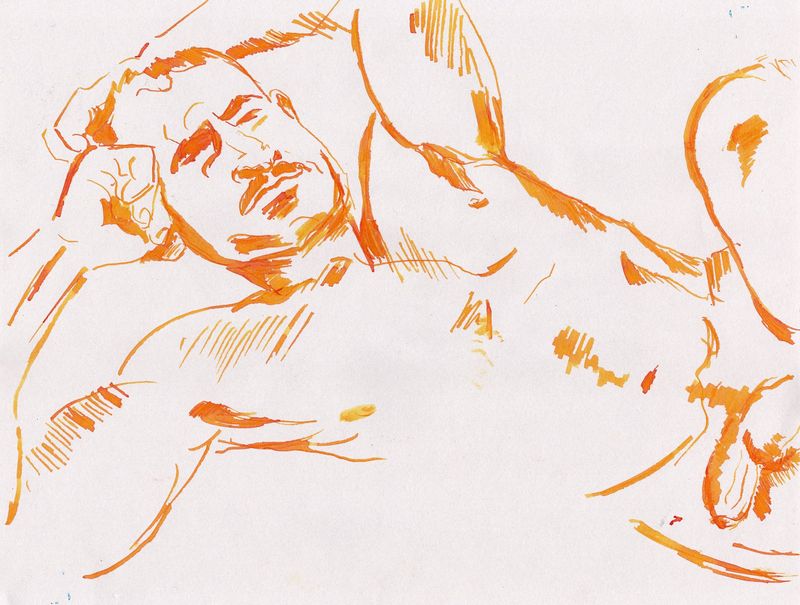 Timothy reclining- a drawing using dip pen ink.