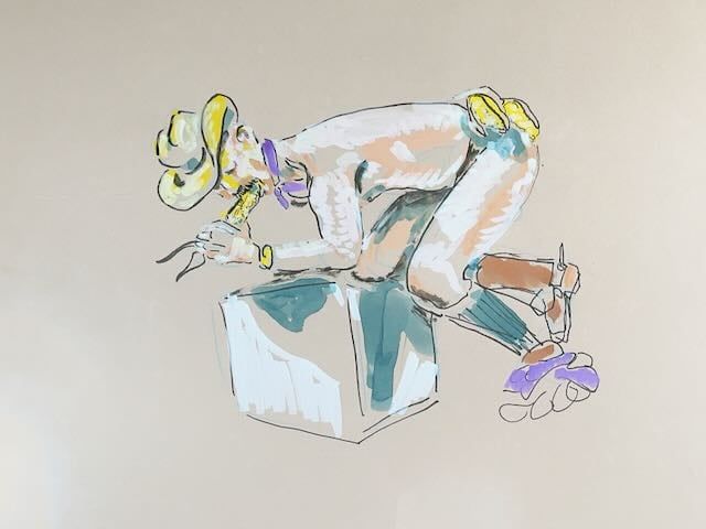 Sir Kirk bent over eating corn suggestively, drawn in acrylic marker.