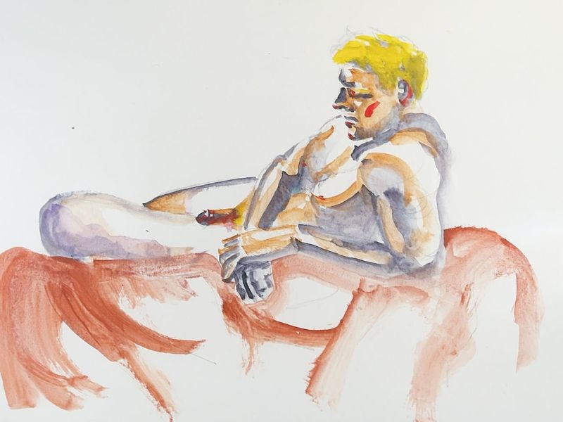 Jon reclining on a cushion in a relaxed pose, painted in watercolor on toned paper.