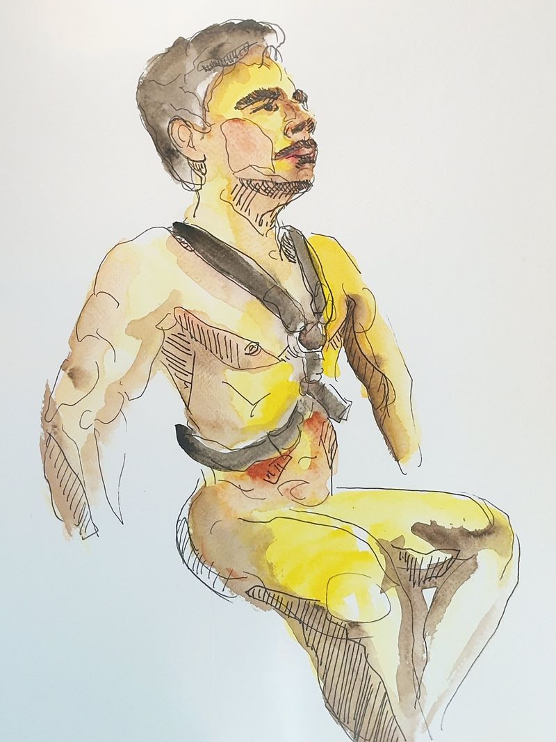 Herson in a harness, acrylic marker on toned paper