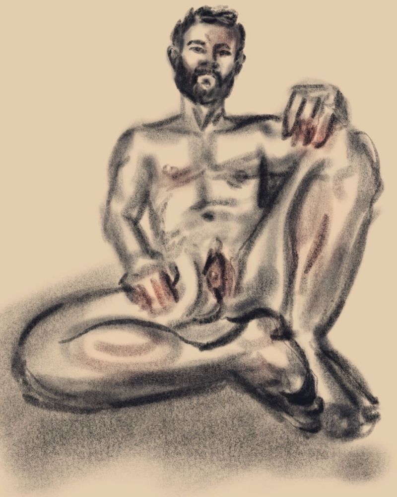 A digital Procreate drawing using charcoal brushes- model has knee raised. 20 minute pose.