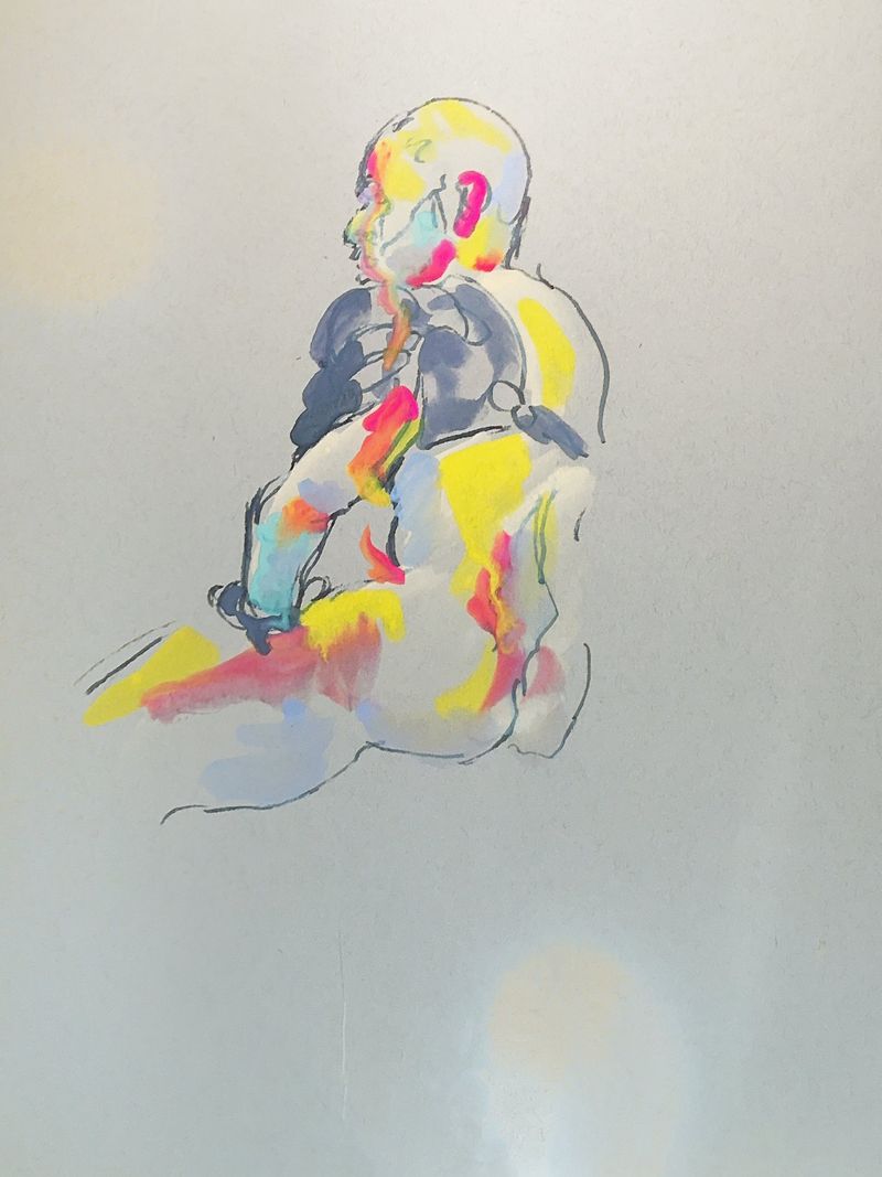 Michael in a seated pose, impressionist watercolor on toned paper.