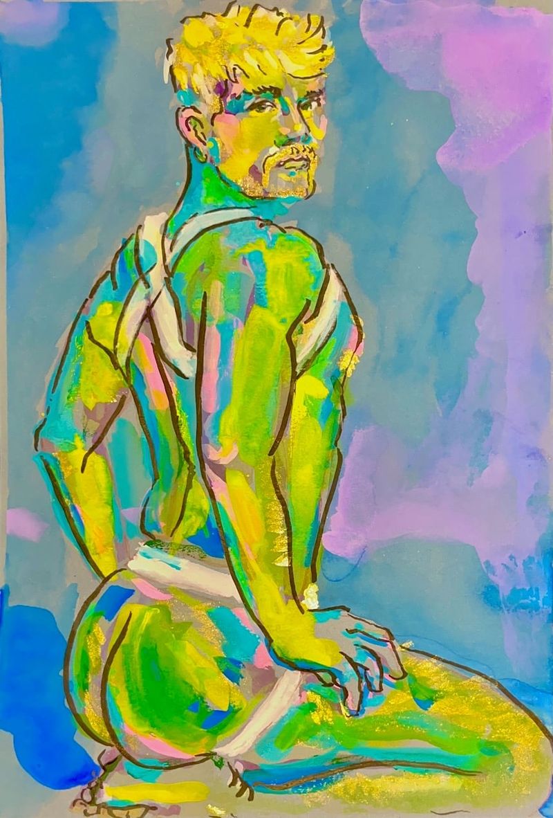 A trans male model poses in a jockstrap. Gouache on toned paper.