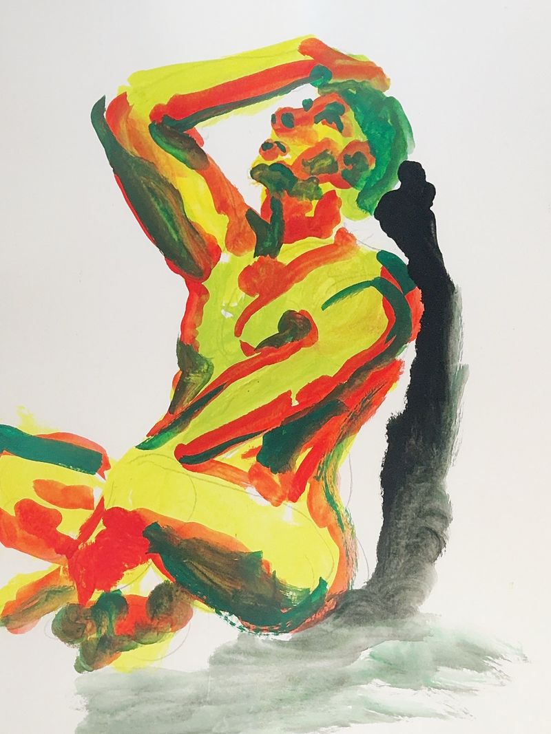Larry leans back with his legs crossed in this gouache painting on bristol paper.