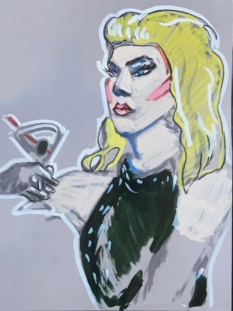 Acrylic marker on toned paper- Robin models a Martini