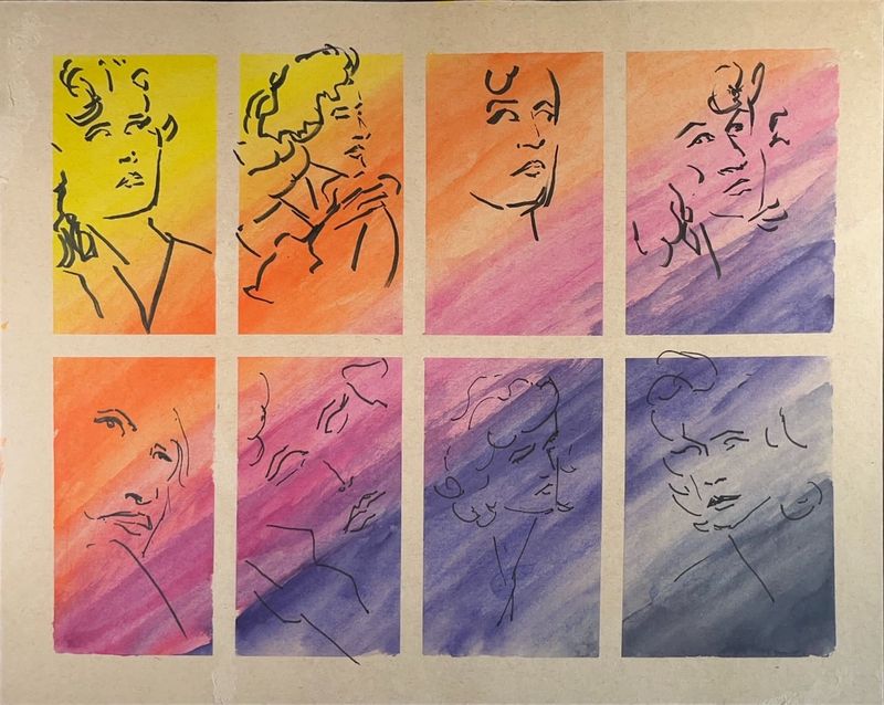 1 minute warmup drawing on prepared watercolor toned papers.