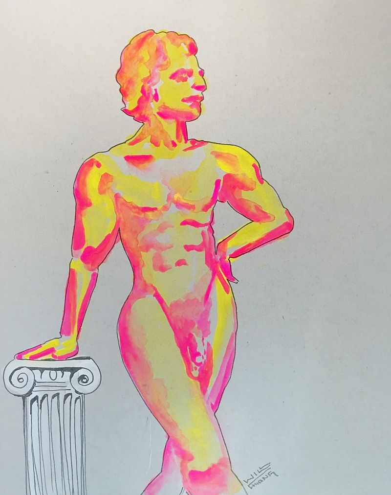 Model standing with hand on column