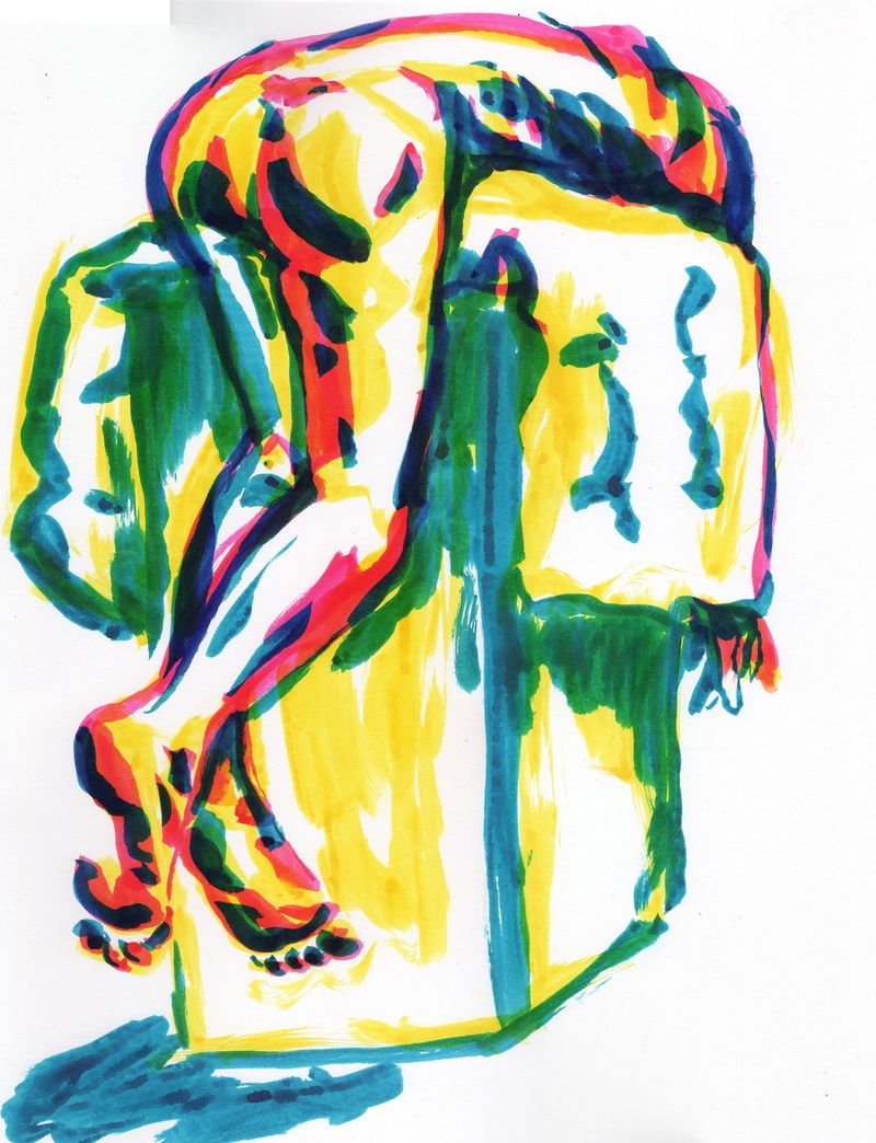 Randall draped over a cushioned pedestal- 20 minute pose, watercolor markers on Smooth Bristol.