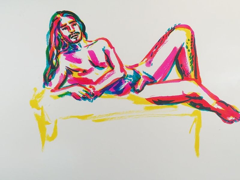 Raf lying down, painted in watercolor marker.