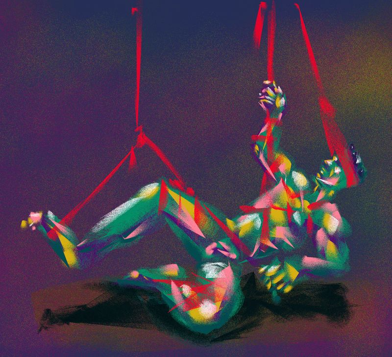 A digital HEAVYPAINT drawing of a model lying on one side with a raised leg while tied to the ceiling.