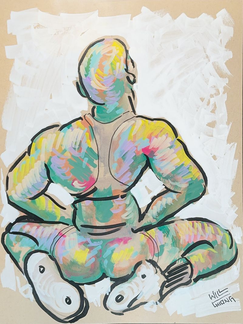 Leo in a splayed legs pose, drawn with acrylic markers on toned paper.