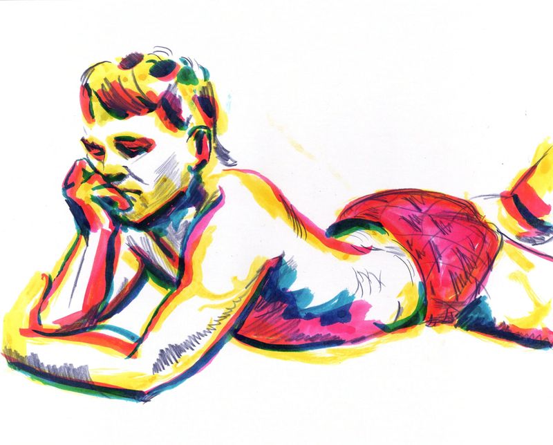 A recent drawing from an in-person figure drawing session from a 5 minute pose.