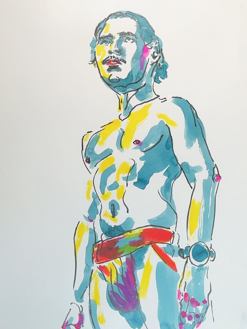Standing male figure in a jockstrap, drawn in fountain pen and watercolor.