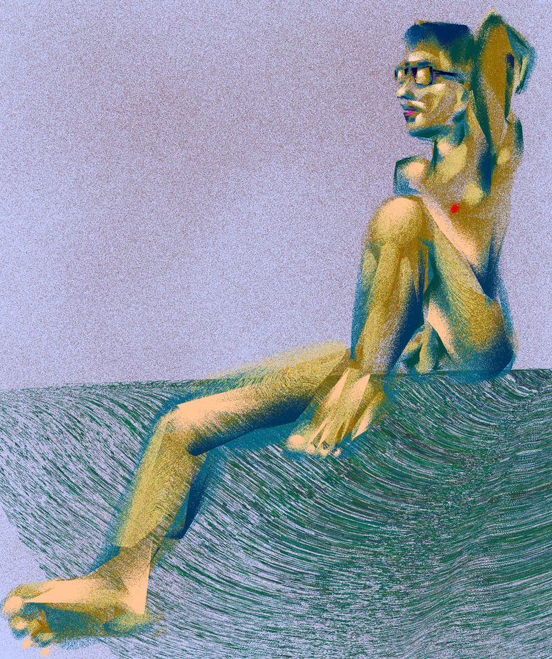 A digital HEAVYPAINT drawing of Larry wearing glasses and leaning on a wall, created on iPad.