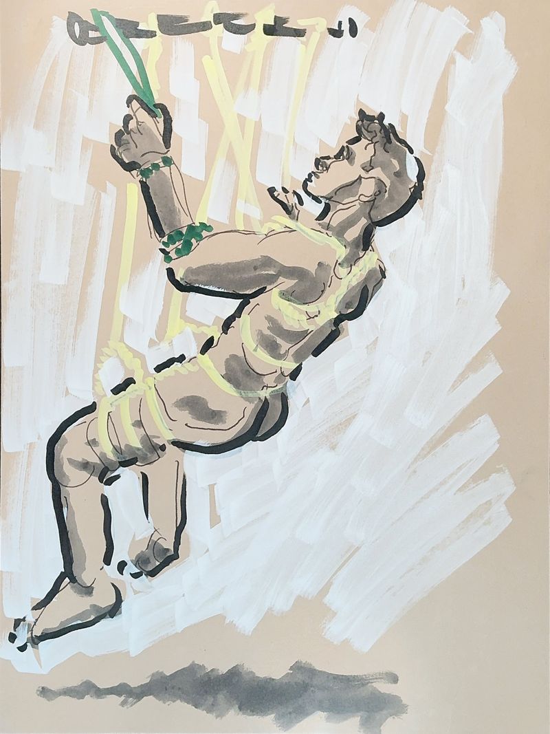 A seated rope-tied model is drawn in acrylic markers on toned paper.