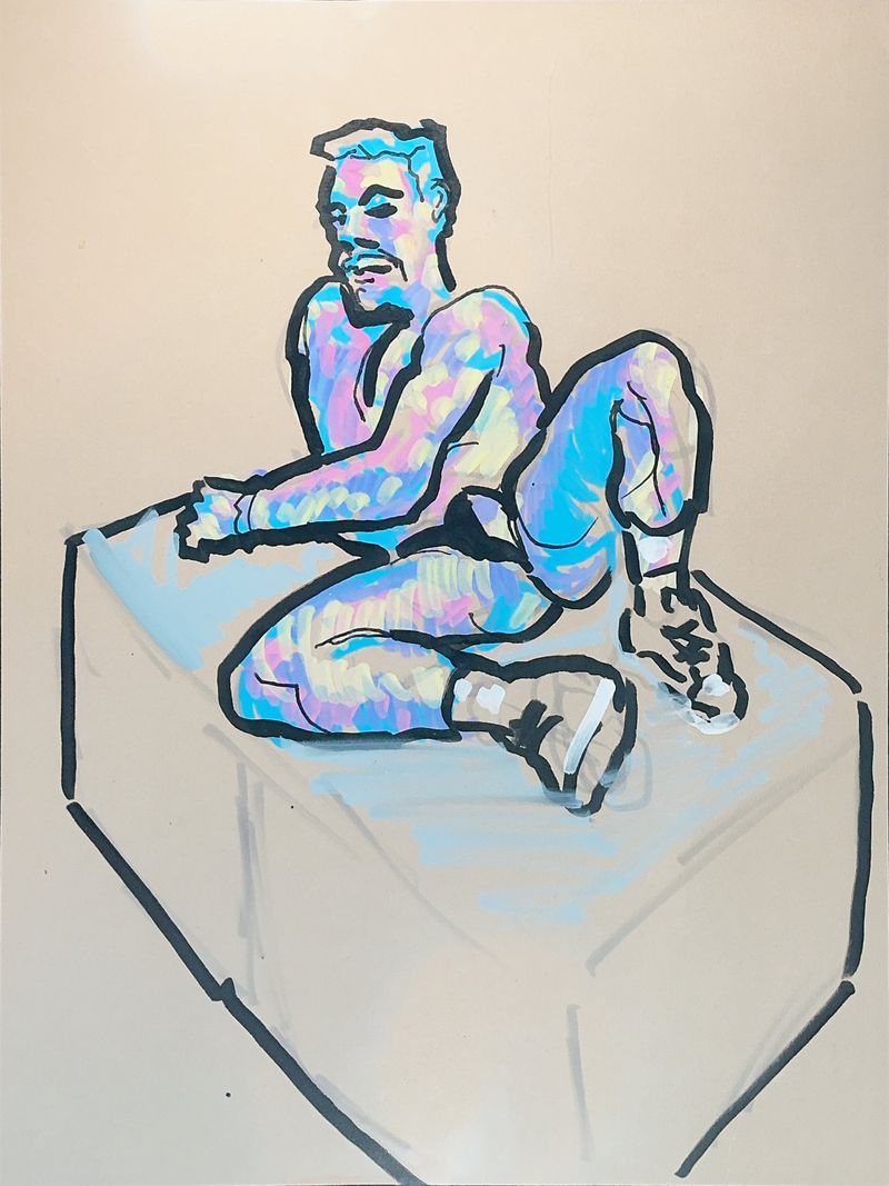 Ryan reclining, drawn in acrylic marker on toned paper.