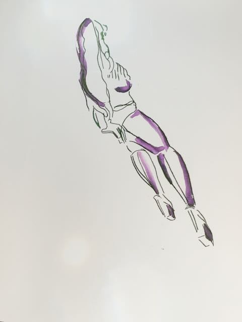 Alexa leaning on a stool, drawn in fountain pen.