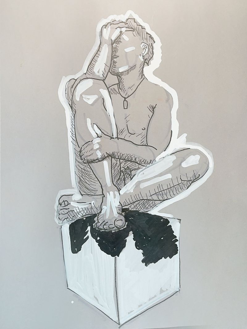 A male model sits cross-legged on a plinth in this acrylic marker drawing on toned paper.