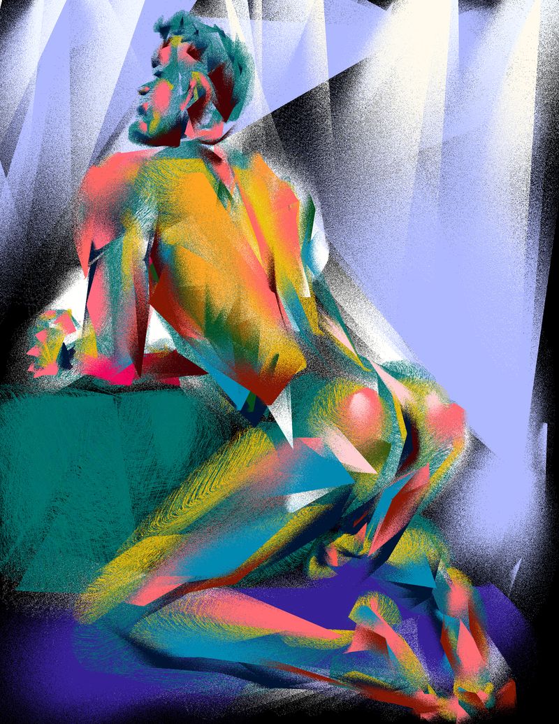 A digital HEAVYPAINT drawing of a kneeling model facing away from the viewer.