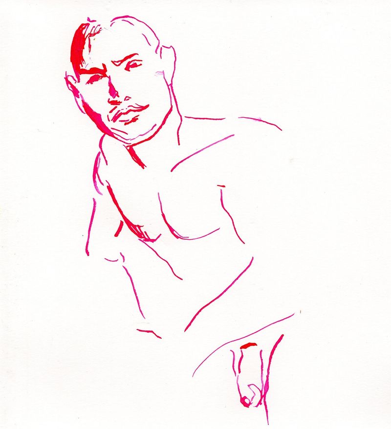 A drawing of Timothy using a dip pen and fluorescent pink ink