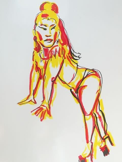 Alexa in a leaning pose, drawn in watercolor marker.