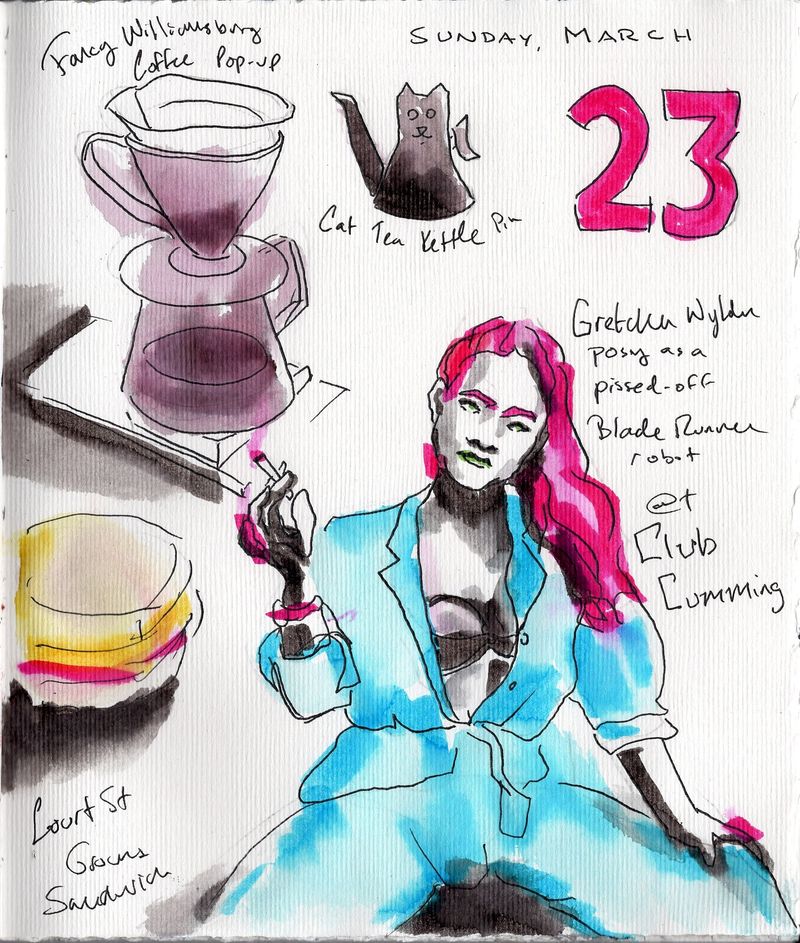 My sketchbook featuring another rendering of Gretchen's 20 minute jumpsuit pose.