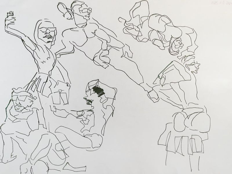 Two-minute dip-pen warmup gesture drawings.