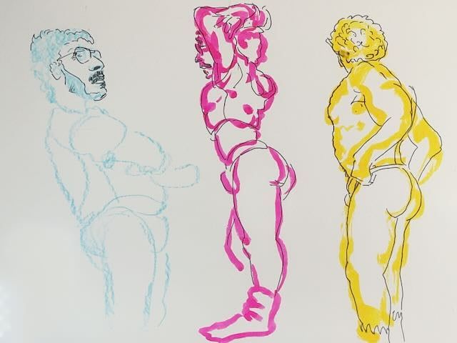 Warmup gesture sketches of Jason in three poses, drawn in colored marker and pencil.