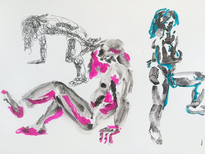 Five-minute warmup gesture drawings of Joey in watercolor marker.